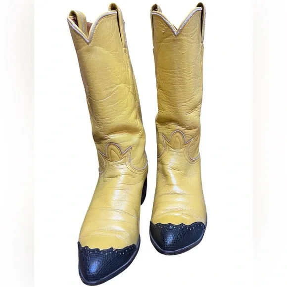 Tony Lama Vintage Yellow Western Boots with Black Toe Caps - Picture 5 of 15